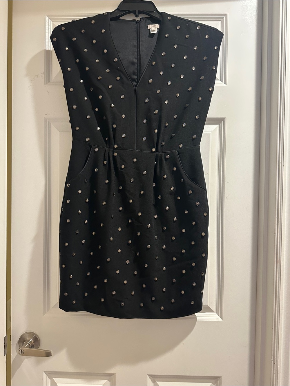 Hoss Studded Black Women’s V-Neck Designer Dress made with real silk